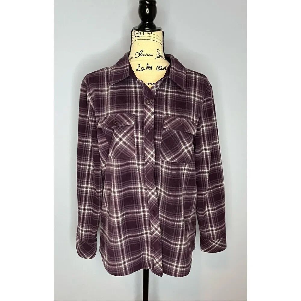 Ascend Women’s Large Purple White Fleece Long Sleeve Flannel Button Down Shirt